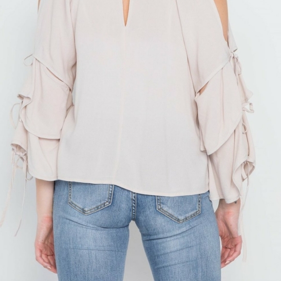 Anthro Cold Shoulder Cascading Bell Tie Sleeve Top - Picture 7 of 8